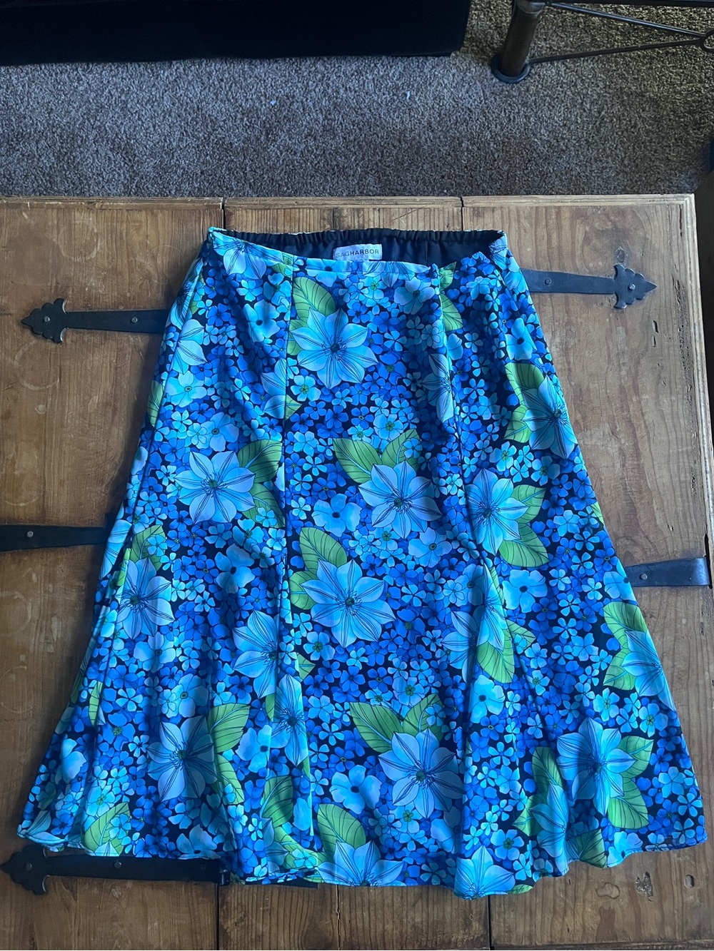 Sag Harbor Blue Floral Midi Skirt with Green Leaves